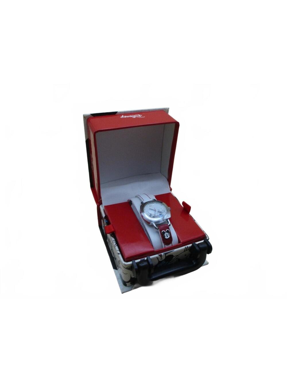 Disney Mickey Minnie Mouse Wristwatch White Red Leather Strap Collectible Box